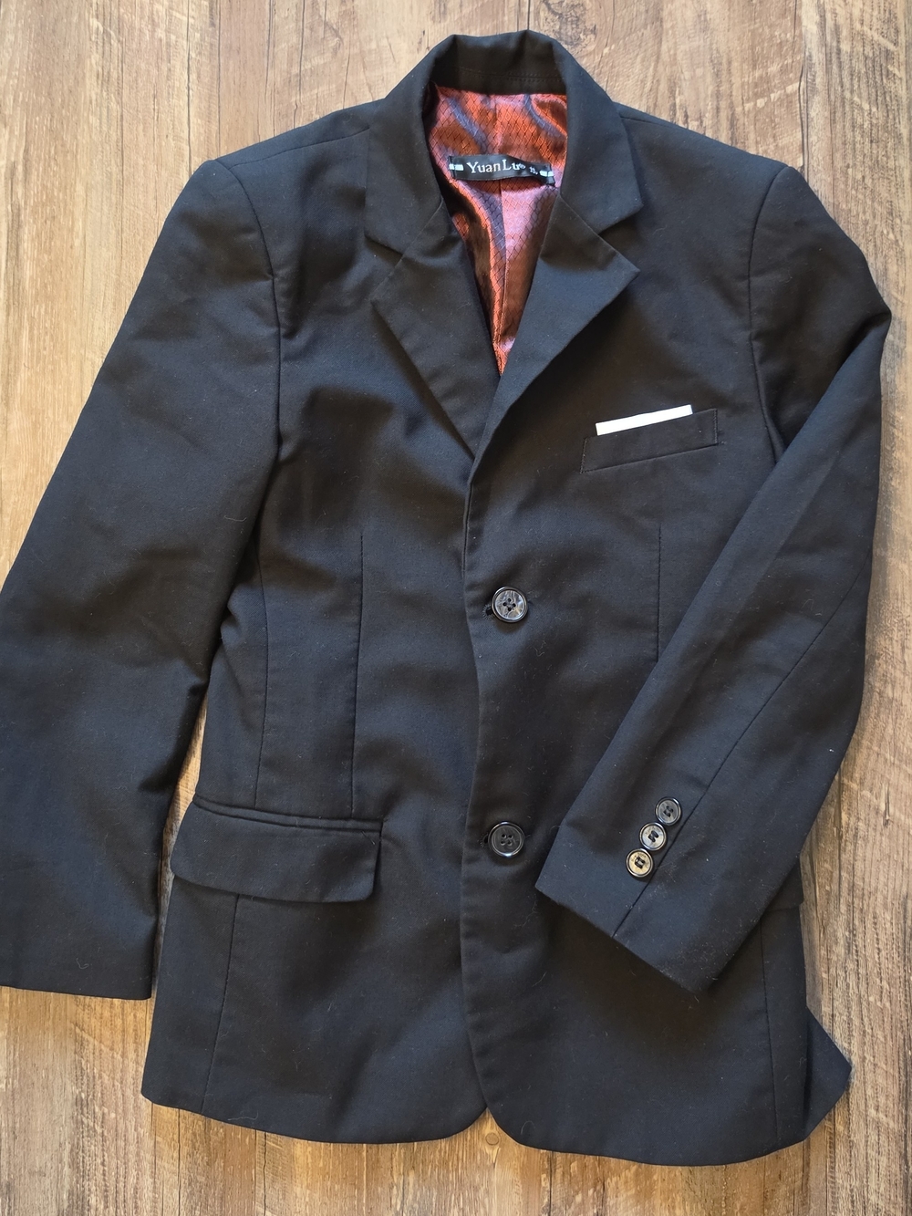 YuanLu Boys Black Suit Jacket Blazer Size 8 Red Satin Lining Formal Wedding
